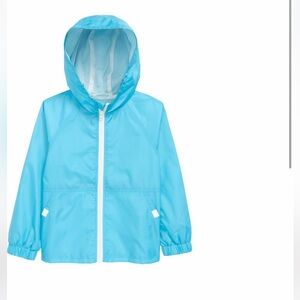 Kids turquoise raincoat/windbreaker with hood and zipper